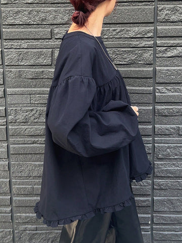 FRIFUL Women's Solid Color Round Neck Drop Shoulder Loose Dolman Blouse, Autumn