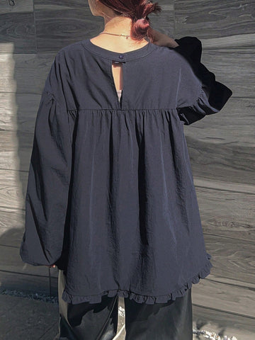 FRIFUL Women's Solid Color Round Neck Drop Shoulder Loose Dolman Blouse, Autumn