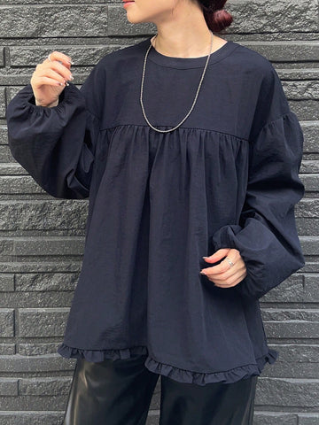 FRIFUL Women's Solid Color Round Neck Drop Shoulder Loose Dolman Blouse, Autumn