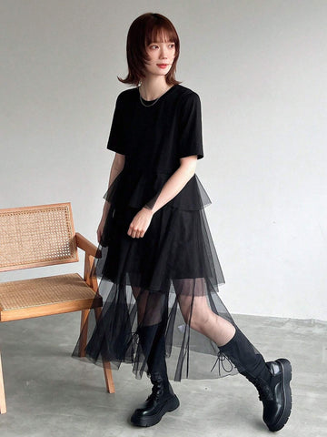 FRIFUL Women's Solid Color Round Neck Short Sleeve Mesh Splicing Summer Dress