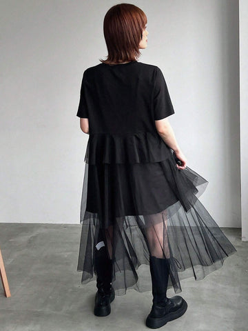 FRIFUL Women's Solid Color Round Neck Short Sleeve Mesh Splicing Summer Dress
