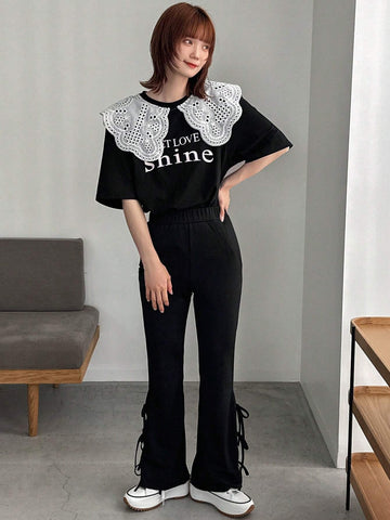 FRIFUL Women's Solid Color Simple Daily Wear High-Waisted Belted Flared Pants
