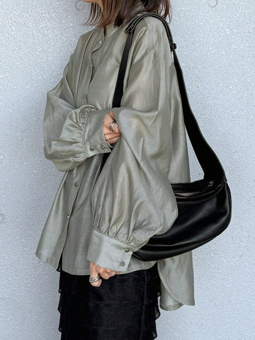 FRIFUL Women's Solid Color Single-Breasted Lantern Sleeve Casual Loose Lightweight Shirt