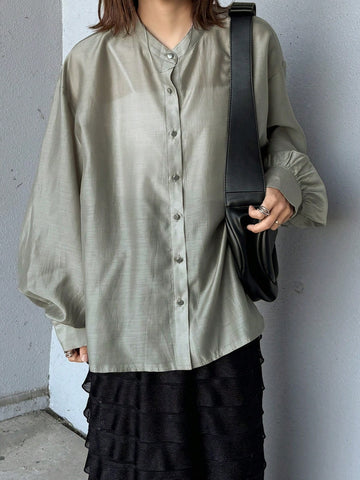 FRIFUL Women's Solid Color Single-Breasted Lantern Sleeve Casual Loose Lightweight Shirt