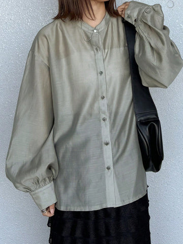 FRIFUL Women's Solid Color Single-Breasted Lantern Sleeve Casual Loose Lightweight Shirt