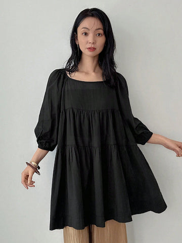 FRIFUL Women's Solid Color Square Neck Lantern Sleeve Ruffle Hem Blouse