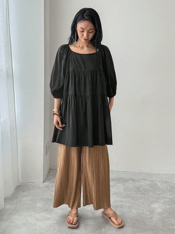 FRIFUL Women's Solid Color Square Neck Lantern Sleeve Ruffle Hem Blouse