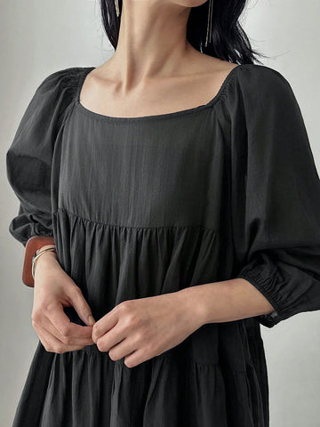 FRIFUL Women's Solid Color Square Neck Lantern Sleeve Ruffle Hem Blouse