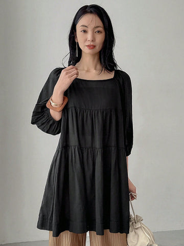 FRIFUL Women's Solid Color Square Neck Lantern Sleeve Ruffle Hem Blouse