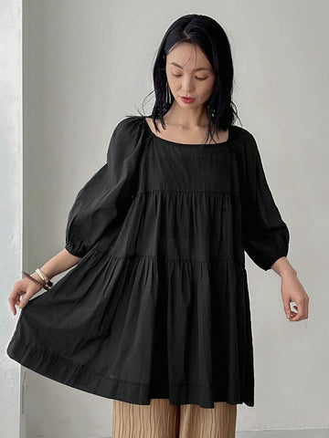 FRIFUL Women's Solid Color Square Neck Lantern Sleeve Ruffle Hem Blouse