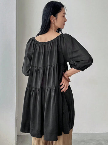 FRIFUL Women's Solid Color Square Neck Lantern Sleeve Ruffle Hem Blouse