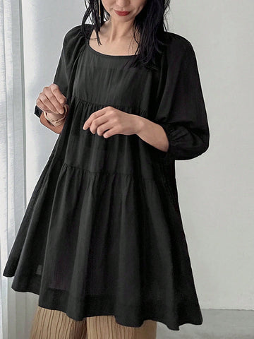 FRIFUL Women's Solid Color Square Neck Lantern Sleeve Ruffle Hem Blouse