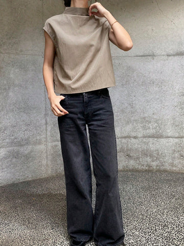 FRIFUL Women's Solid Color Stand Collar Loose Blouse, Casual Daily Wear