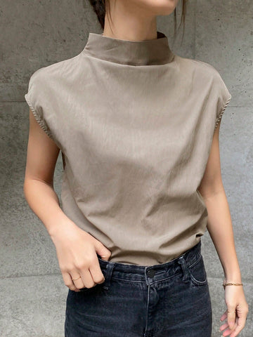 FRIFUL Women's Solid Color Stand Collar Loose Blouse, Casual Daily Wear