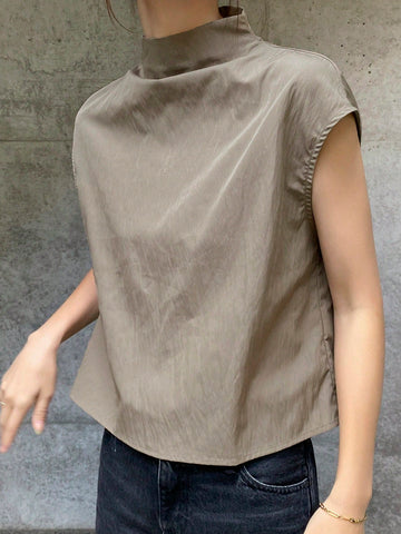 FRIFUL Women's Solid Color Stand Collar Loose Blouse, Casual Daily Wear