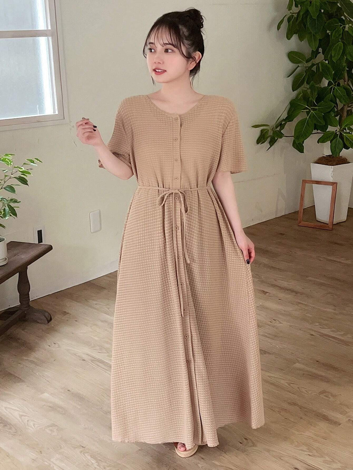 Women's Solid Color Textured Long Loose Dress With Front Button Placket