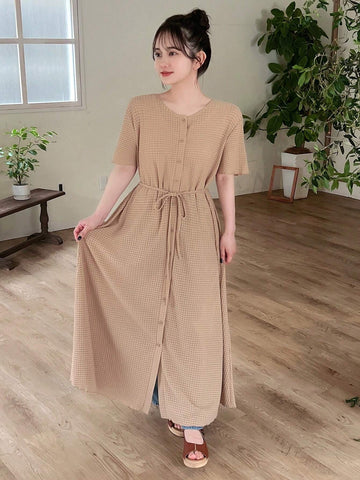 Women's Solid Color Textured Long Loose Dress With Front Button Placket