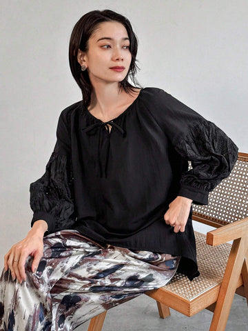 FRIFUL Women's Solid Color Tie Front Long Sleeve Simple Blouse, Casual Everyday Wear