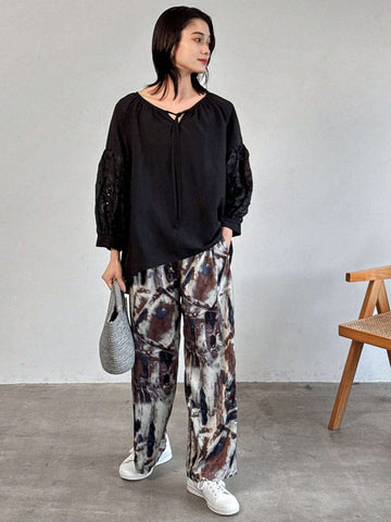 FRIFUL Women's Solid Color Tie Front Long Sleeve Simple Blouse, Casual Everyday Wear