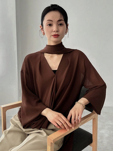 FRIFUL Women's Solid Color Tie Neck Blouse, Business Casual, Summer