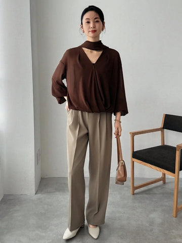 FRIFUL Women's Solid Color Tie Neck Blouse, Business Casual, Summer