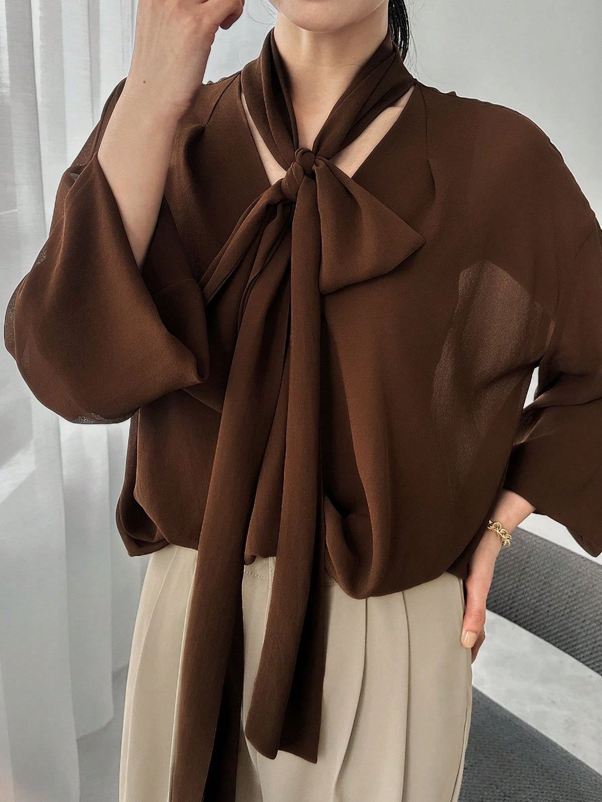 FRIFUL Women's Solid Color Tie Neck Blouse, Business Casual, Summer