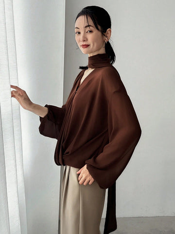 FRIFUL Women's Solid Color Tie Neck Blouse, Business Casual, Summer