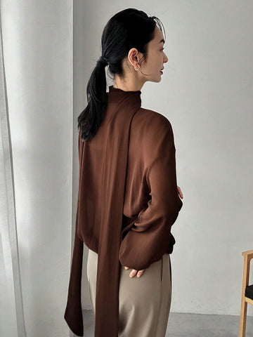 FRIFUL Women's Solid Color Tie Neck Blouse, Business Casual, Summer