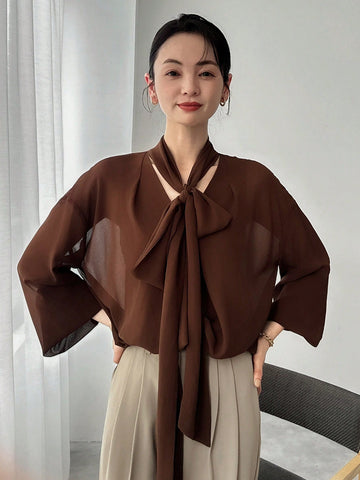 FRIFUL Women's Solid Color Tie Neck Blouse, Business Casual, Summer