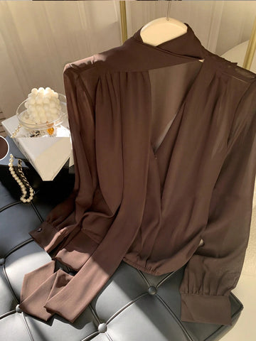 FRIFUL Women's Solid Color Tie Neck Blouse, Business Casual, Summer