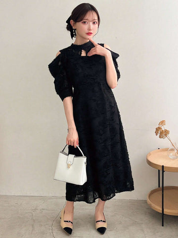 FRIFUL Women's Solid Color Waist-Cinched Midi Dress, Suitable For Everyday Wear