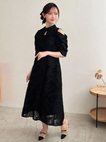 FRIFUL Women's Solid Color Waist-Cinched Midi Dress, Suitable For Everyday Wear