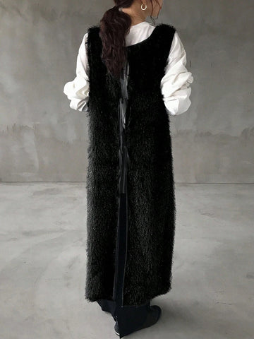 FRIFUL Women's Solid Front Tie Fuzzy Sleeveless Long Top