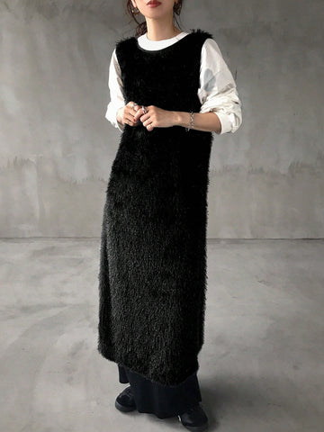 FRIFUL Women's Solid Front Tie Fuzzy Sleeveless Long Top