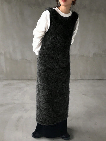 FRIFUL Women's Solid Front Tie Fuzzy Sleeveless Long Top