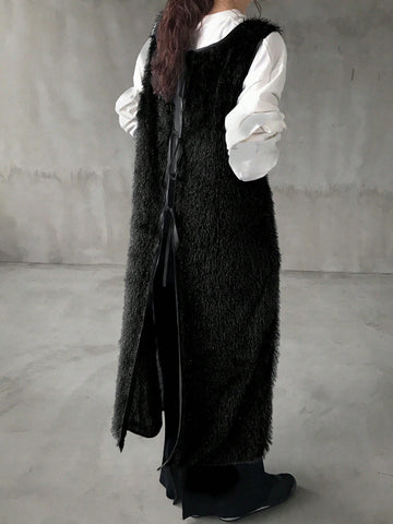 FRIFUL Women's Solid Front Tie Fuzzy Sleeveless Long Top