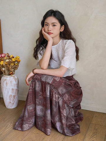 Women's Spliced Floral Print Ruffle Hem Maxi Skirt