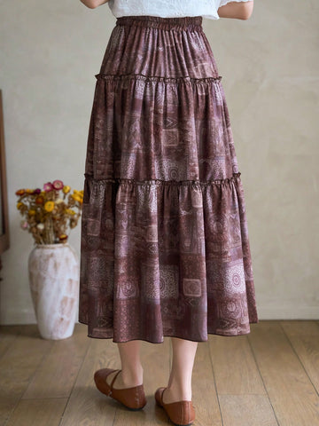 Women's Spliced Floral Print Ruffle Hem Maxi Skirt