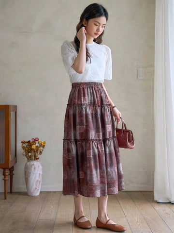 Women's Spliced Floral Print Ruffle Hem Maxi Skirt