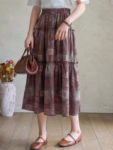 Women's Spliced Floral Print Ruffle Hem Maxi Skirt