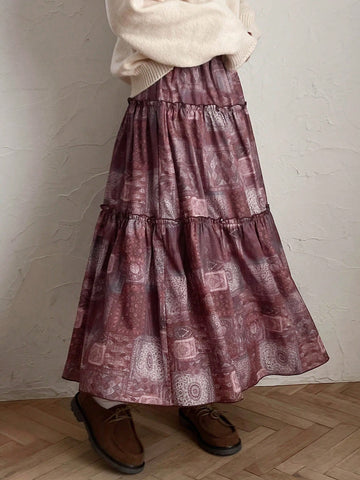 Women's Spliced Floral Print Ruffle Hem Maxi Skirt