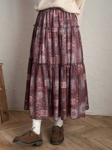 Women's Spliced Floral Print Ruffle Hem Maxi Skirt