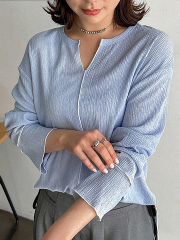 Women's Spring/Summer Solid Color Slit V-Neck Batwing Sleeve Casual T-Shirt