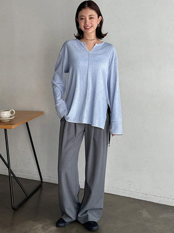 Women's Spring/Summer Solid Color Slit V-Neck Batwing Sleeve Casual T-Shirt