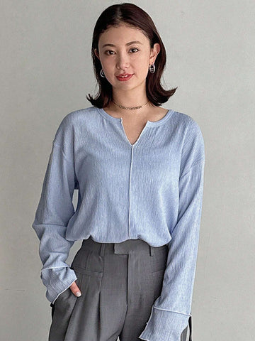 Women's Spring/Summer Solid Color Slit V-Neck Batwing Sleeve Casual T-Shirt