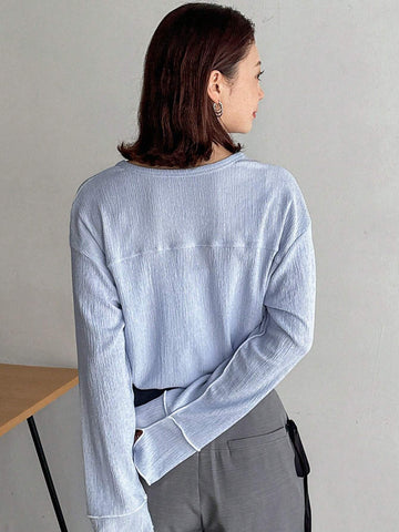 Women's Spring/Summer Solid Color Slit V-Neck Batwing Sleeve Casual T-Shirt