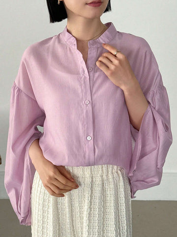 FRIFUL Women's Spring/Summer Solid Color Stand Collar Lantern Sleeve Loose Fit Shirt