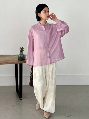 FRIFUL Women's Spring/Summer Solid Color Stand Collar Lantern Sleeve Loose Fit Shirt