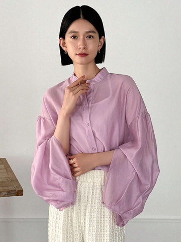 FRIFUL Women's Spring/Summer Solid Color Stand Collar Lantern Sleeve Loose Fit Shirt