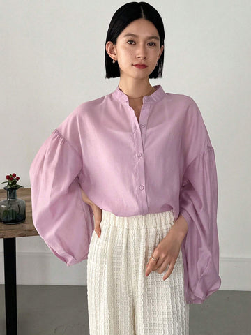 FRIFUL Women's Spring/Summer Solid Color Stand Collar Lantern Sleeve Loose Fit Shirt